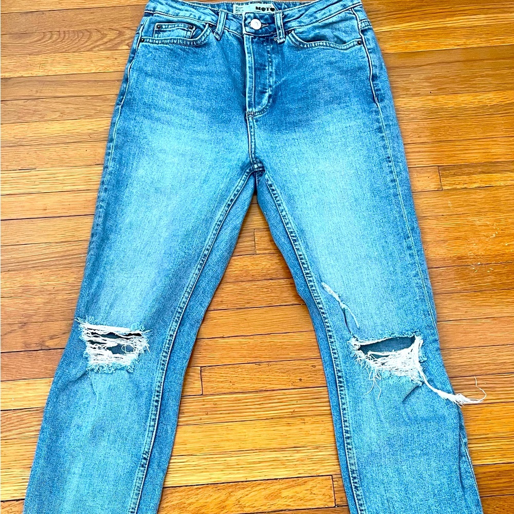 Topshop Moto distressed ripped raw hem light blue Y2K jeans, size 26x30” western